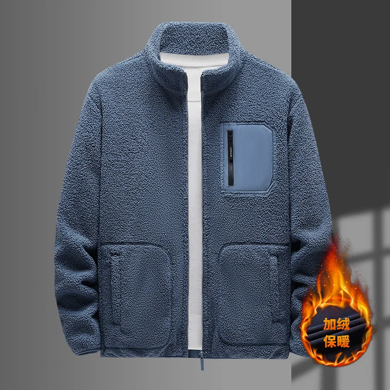 Men Stand Collar Sherpa Fleece Jacket Contrast Zip Pocket Full Zip Loose Casual Autumn Winter Warm Outerwear Coat