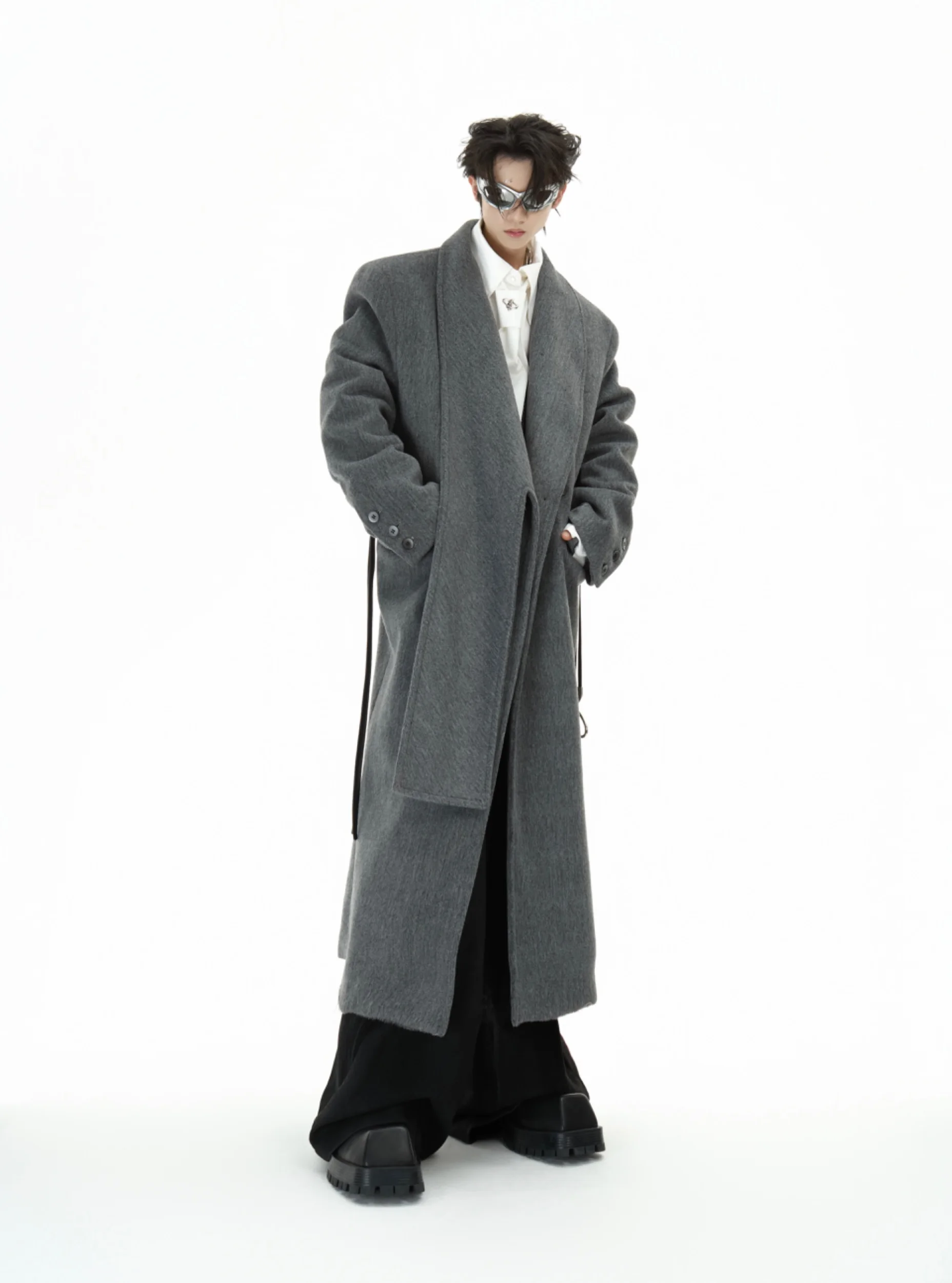 ArguE CulturE High-End Long Loose Woolen Coat Metal Strap Design Youthful Vitality Style Winter Warm Cotton Wool Blend