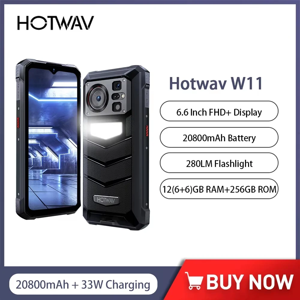 HOTWAV W11 Rugged Phone 20800mAh Battery 6.6 Inch FHD+ 12GB+256GB 33W Fast Charging 280LM Flashlight NFC Smartphone Android 13