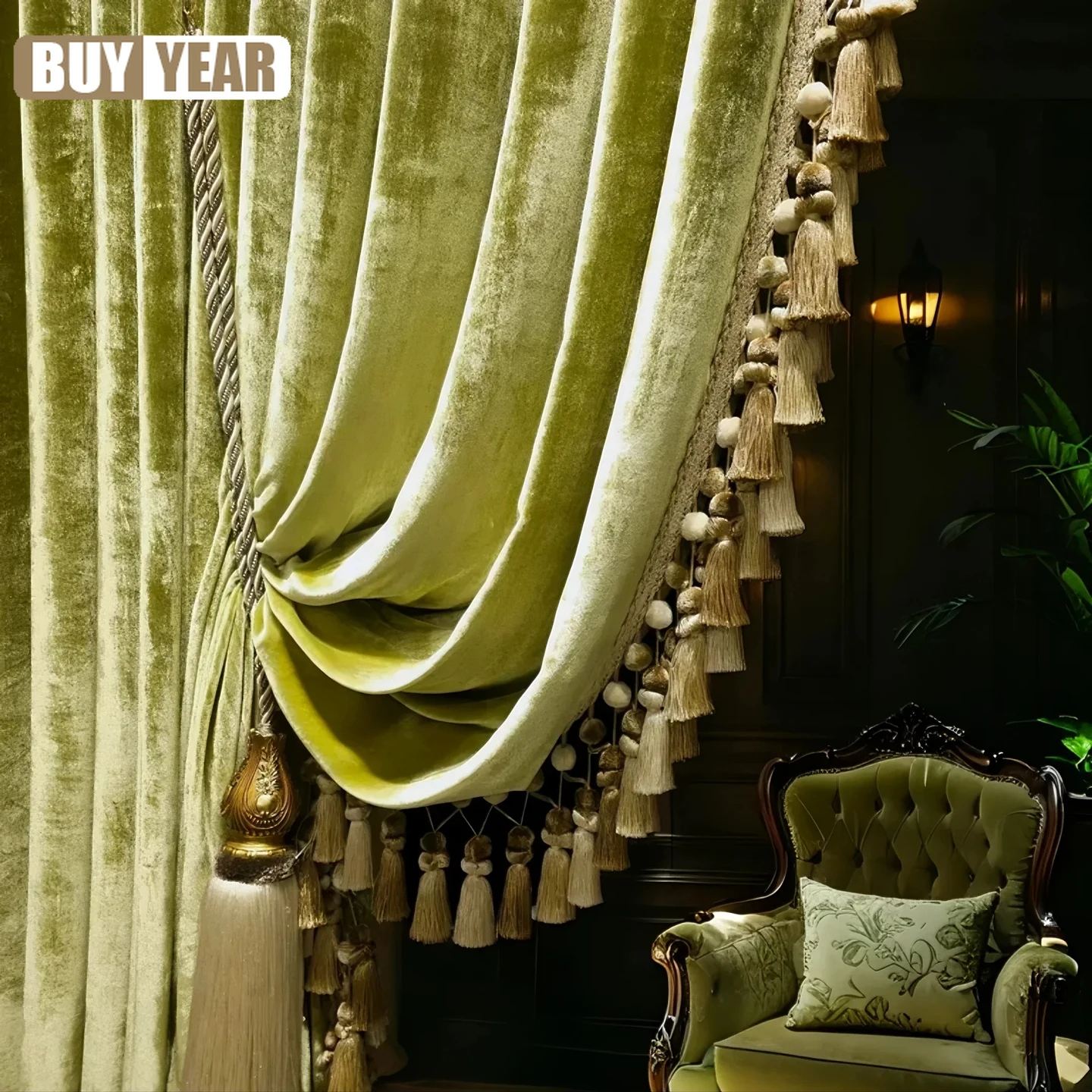 

French Light Luxury Curtains for Living Room Bedroom Silk Olive Green Solid Color Modern American Atmosphere European Villa
