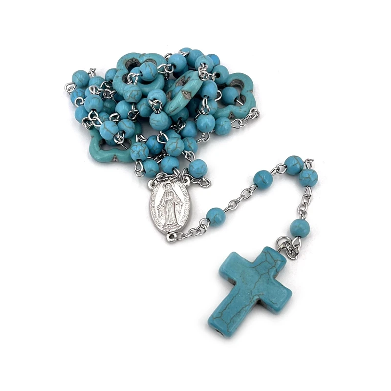 Rosario cattolico in pietra Vintage blu per donna uomo collana con ciondolo croce cristo lungo