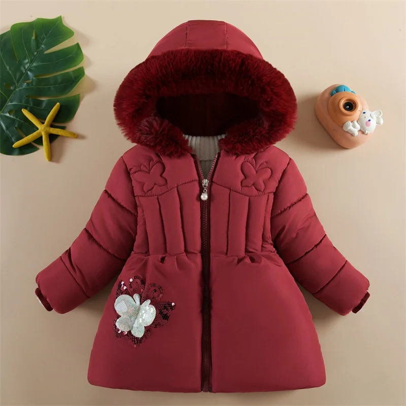 Winter Plus Velvet Parkas Baby Girls Outerwear Kids PlushThick Snowsuit Sequin Cartoon Butterfly Stickers Warm Hooded Coat