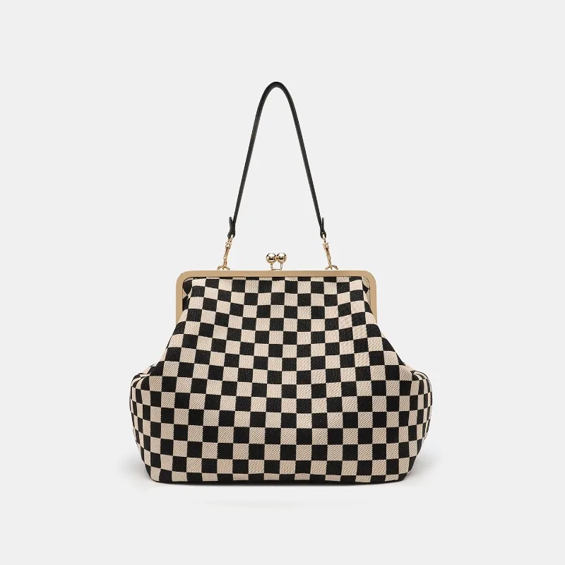 Summer New Black White Checkered Fashionable Banquet Kiss-lock Stylish  Shoulder Bag Large-capacity Knitted Shell Bag for Women