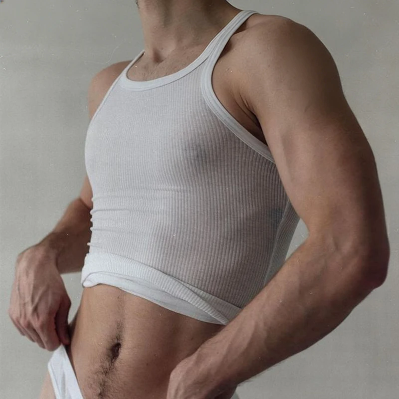 Elastic Knitted Close-Fitting Vest European Men's T-shirt Slim Fit Round Neck Sweat Vest Thin Casual Wear Straight Hem Tank Top