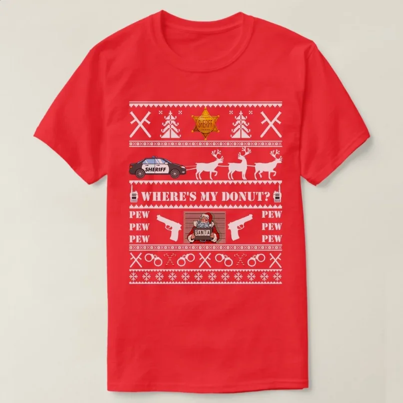 Funny Santa Ugly Christmas Sweater Sheriff Xmas Gift T-Shirt 100% Cotton O-Neck Short Sleeve Casual Mens T-shirt Size S-3XL
