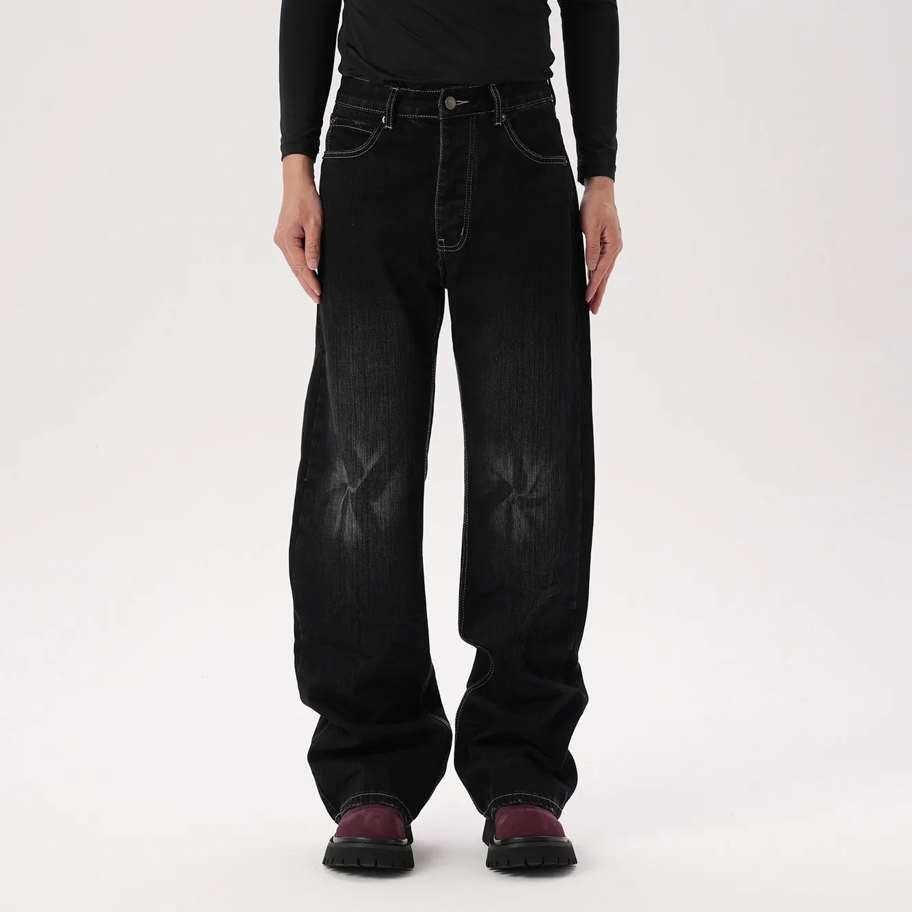 Fashion American Retro High Street Style Washed Distressed Pleated Casual Loose All-Matching Jeans Black Cow