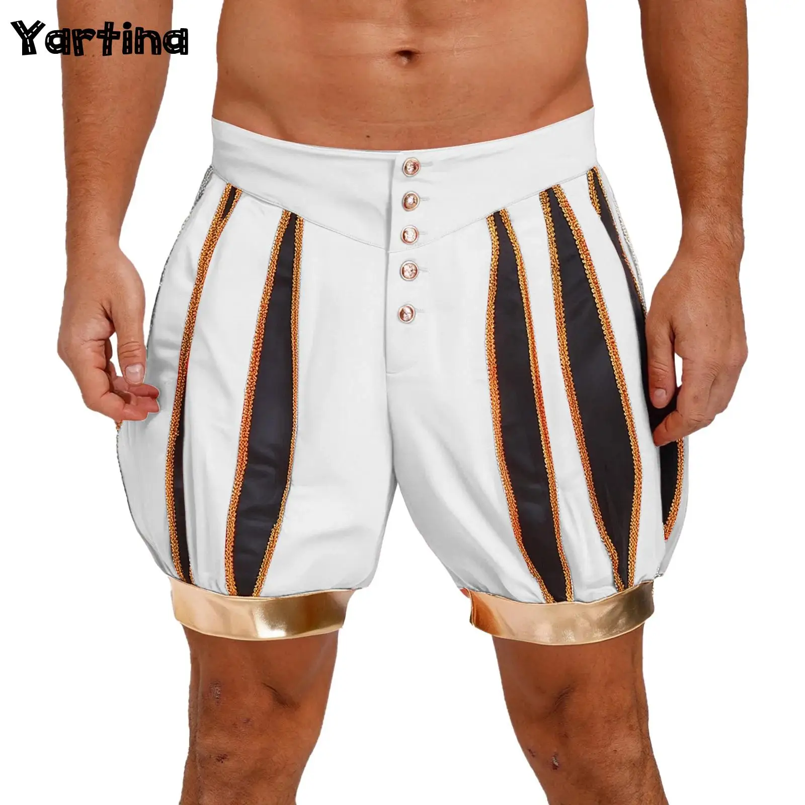 

Mens Circus Ringmaster Clown Cosplay Party Costume Halloween Lantern Shorts Gold Trim Front Buttons High Waist Shorts Clubwear