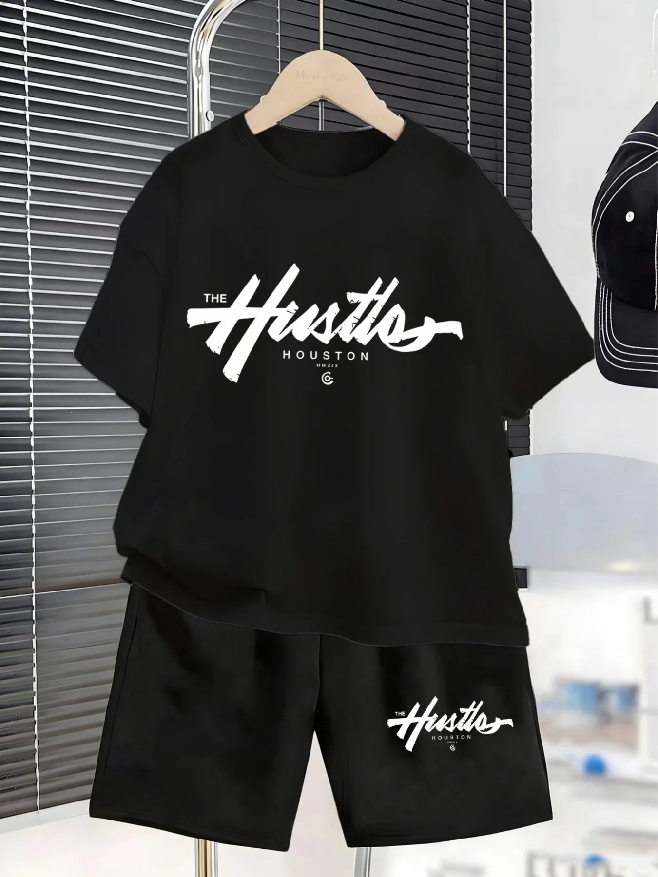 Boy's Short-sleeved Set for Summer - New Style. THE Hustle HOUSTON Letter Print Children's T-shirt and Shorts Set