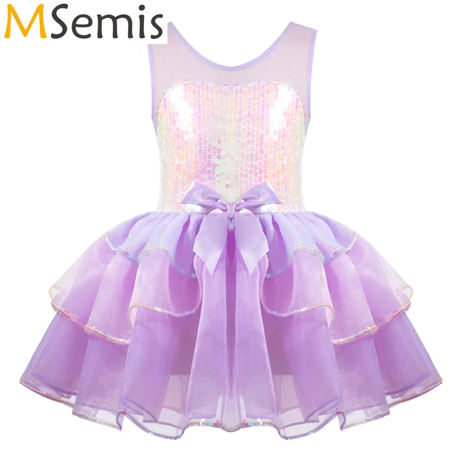 

Kids Girls Gymnastics Leotard Ballerina Tutu Dress Dancewear Shiny Sequins Mesh Splice Bowknot on Waist Ballet Dance Costume