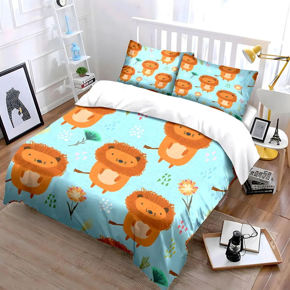 Cute cartoon lions with floral background Print Soft Comfortable Duvet Cover Bedding Set Included 1*Duvet Cover 2*Pillowcases