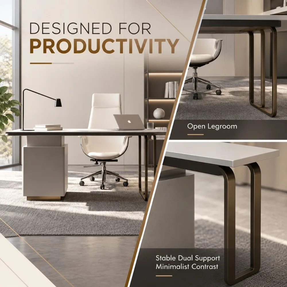 Luxury Italian Minimalist Rock Slate Desk Bookshelf Combo, Integrated Computer Office Table Simple Household Study Furniture