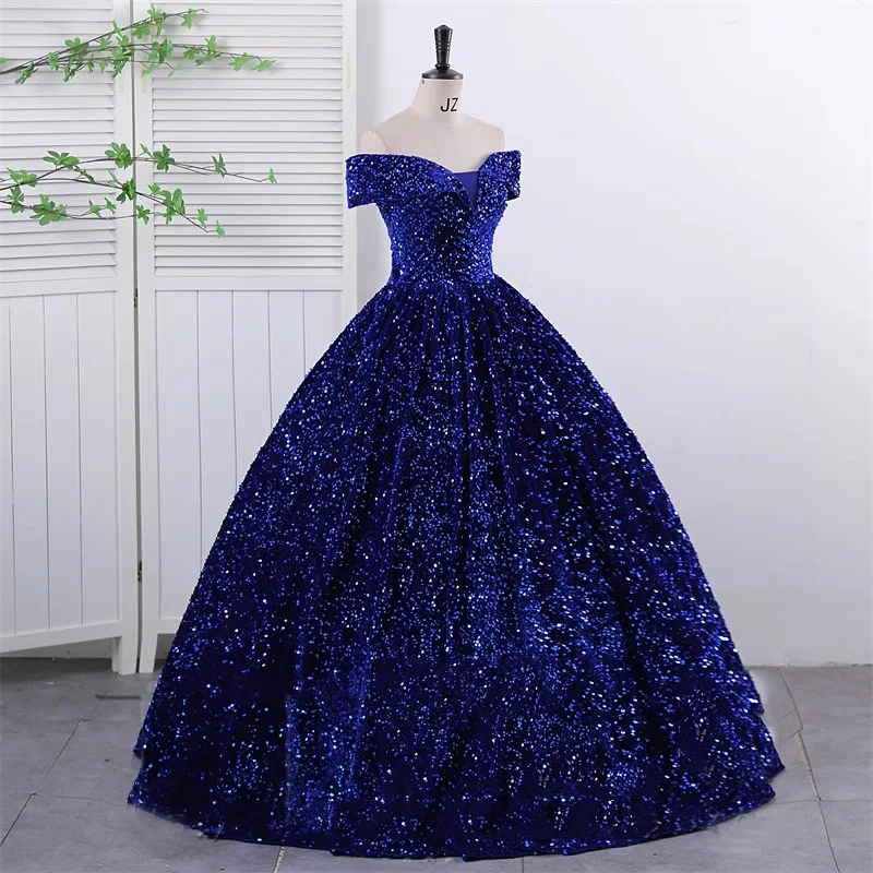 Real Photo Elegant Off Shoulder Sequined Blue Quinceanera Dresses Sexy V Nedck For Party Prom Dress Ball Gown Vintage Plus Szie