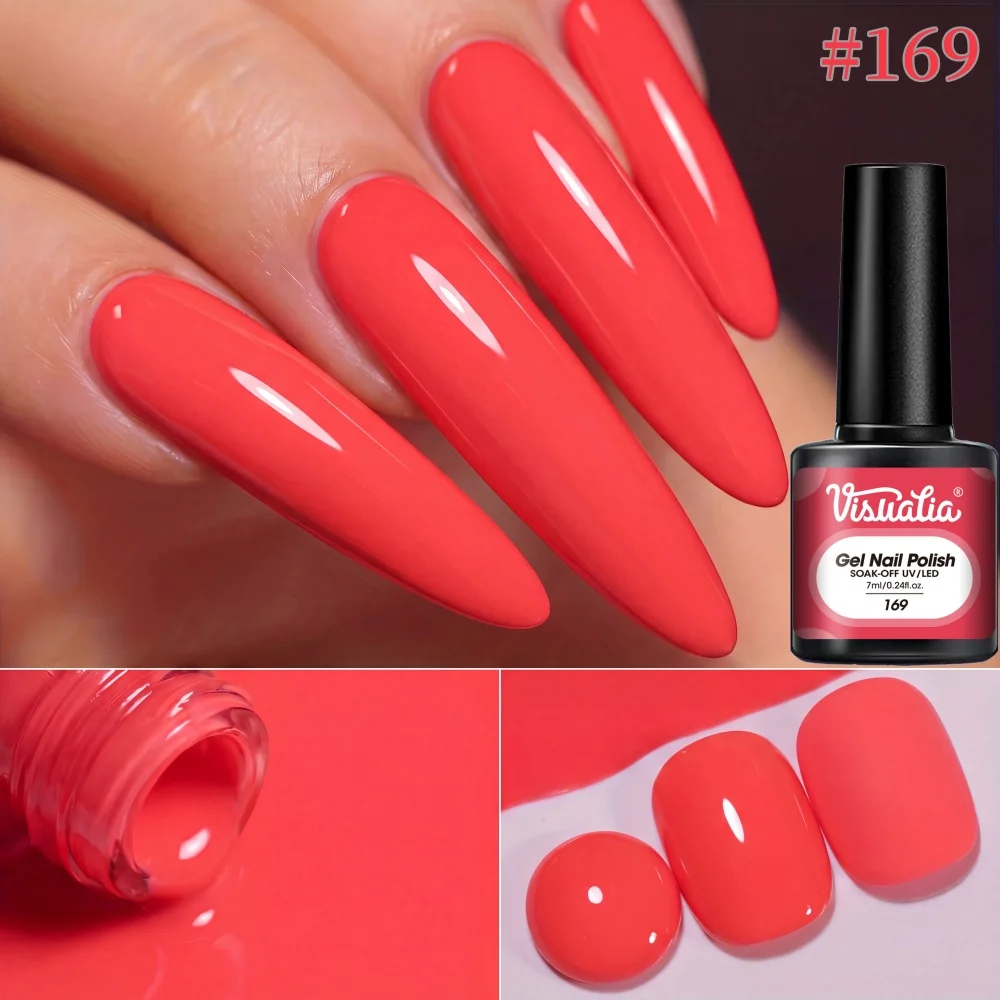Visuatia # 169 Yuanqi Orange Red Removable Phototherapy Gel 7ml, bottled solid color nail polish gel. A vibrant and eye-catching orange-red, bold and unique in style, a versatile color for all seasons, easily creating a striking and personalized manicure. 。