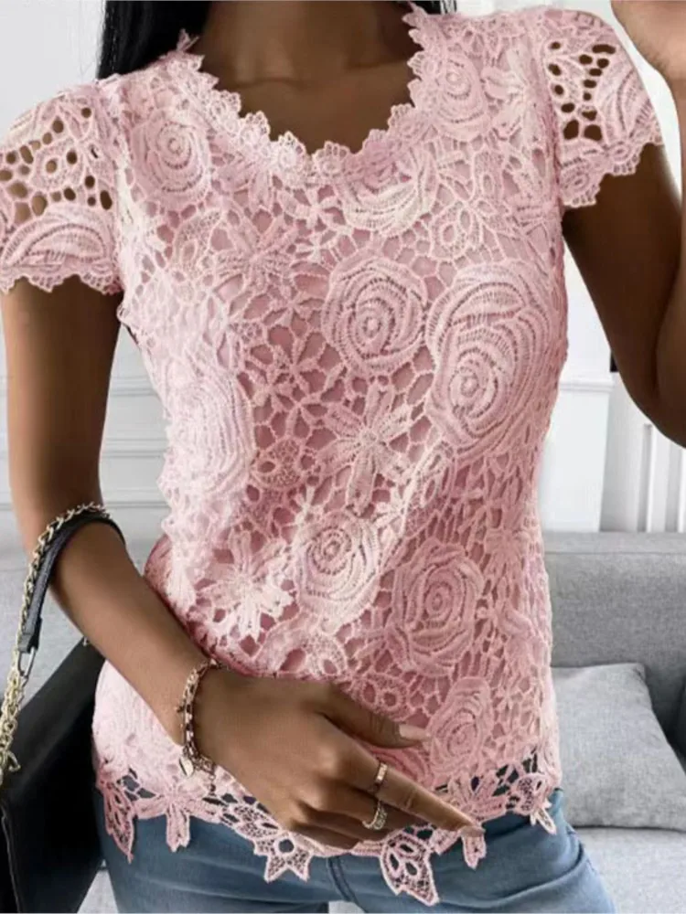 Women Lace Hollow T Shirt Top Fashion Round Neck Long Sleeve Office Lady Blouses Casual Vintage High Street Boho Tops All Season