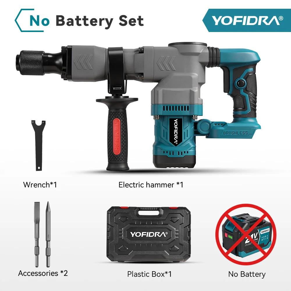 YOFIDRA Borstelloze Elektrische Klopboor Demolitiehamer Zware Rotatieboor- en Beiteltool voor Makita Accu