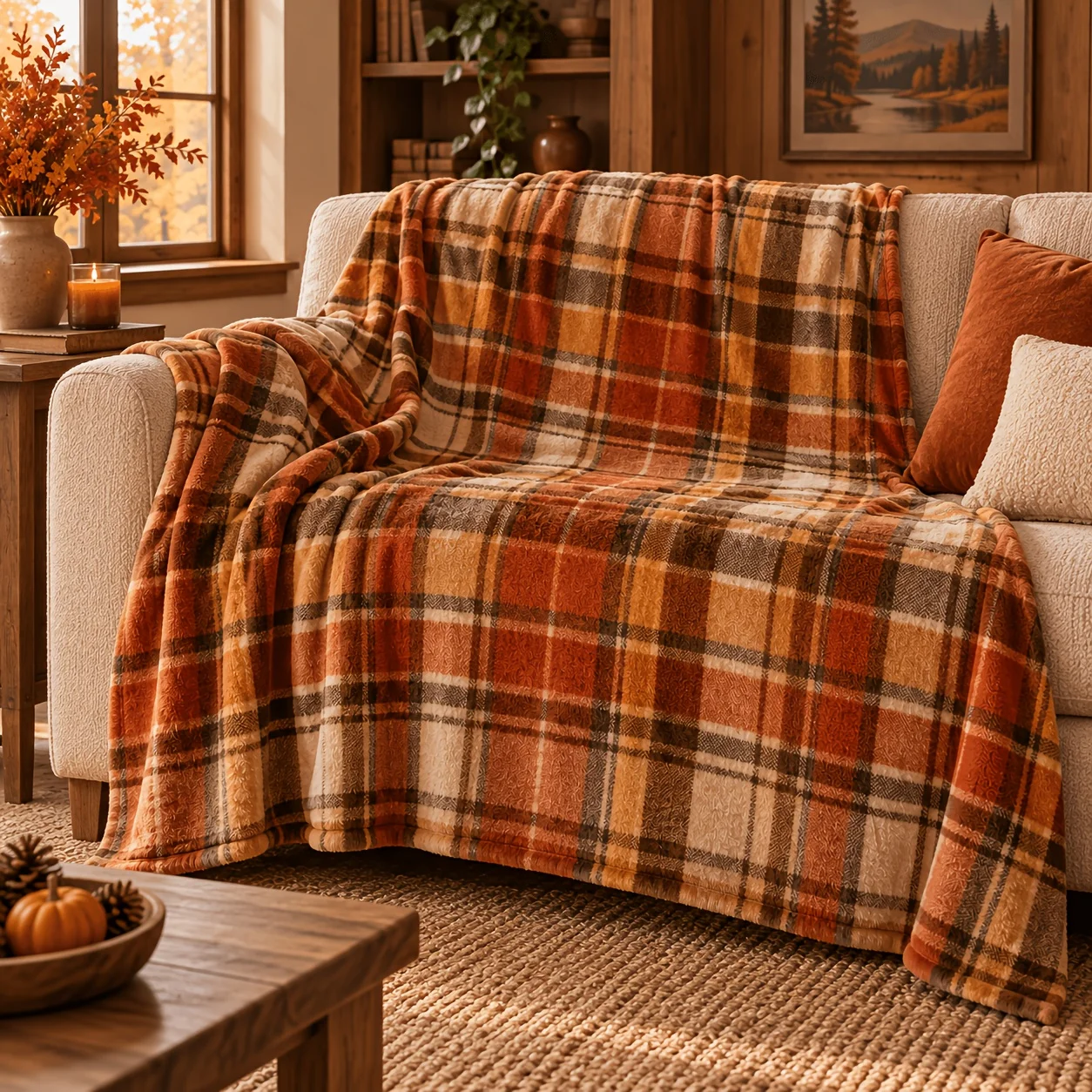 Soft Flannel Throw Blanket Autumn Tartan Plaid Print Warm Cozy Cover for Sofa Vintage Fall Tone Pattern Living Room Home