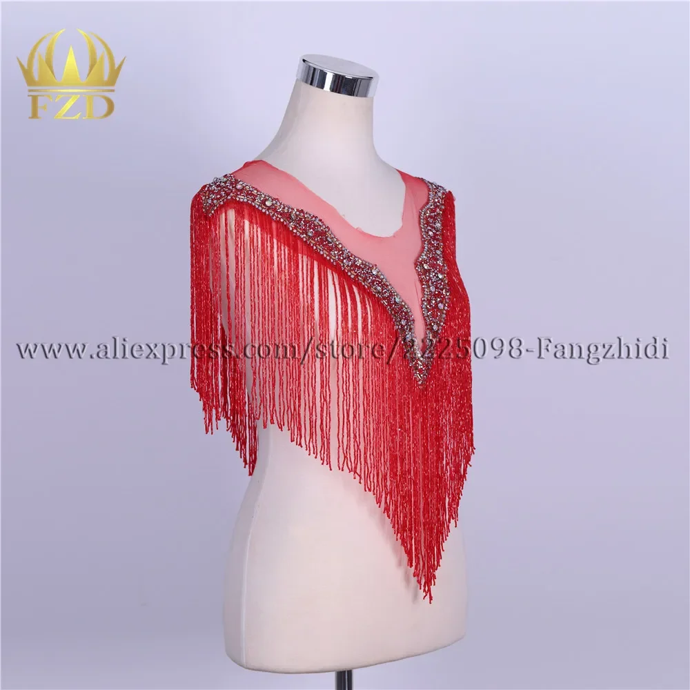 FZD 1 Set Fringe Applique Red Beaded Bodice Rhinestone Patches for Wedding Dress DIY Bridal Decoration With Gauze Sparkle