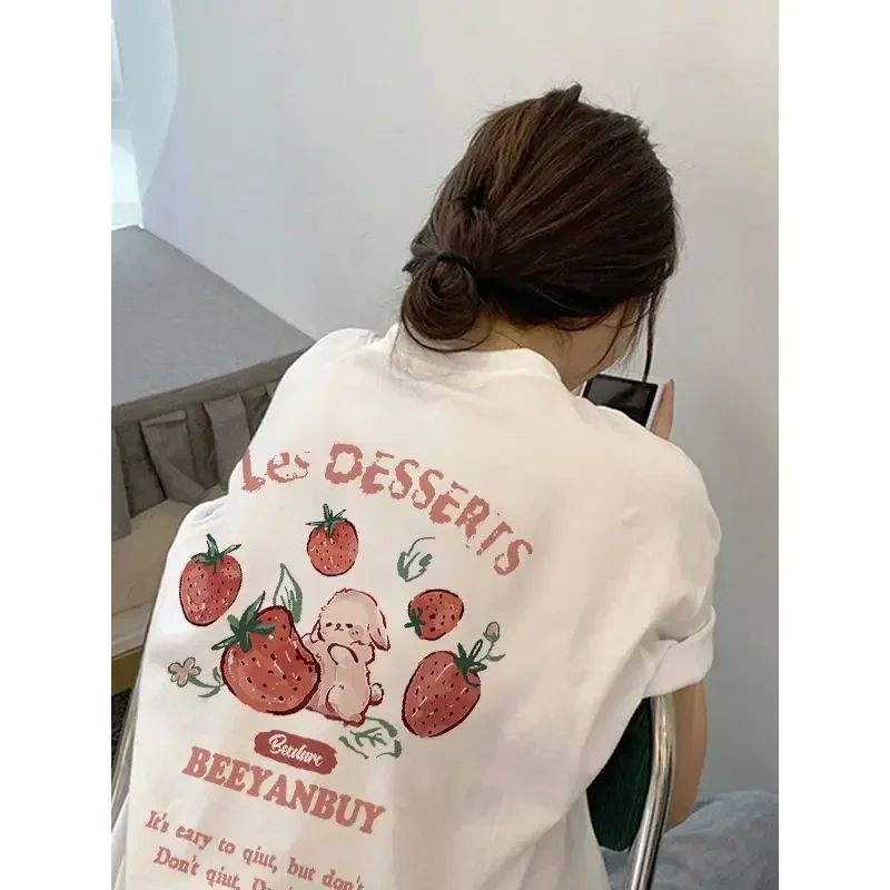 

American Funny Cute Rabbit Strawberry Print Short Sleeve T-shirt Women Summer Relaxed Casual Simple Versatile Half Sleeve Top