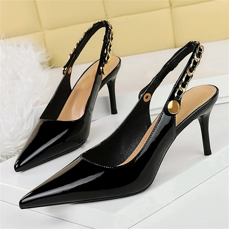 BIGTREE Patent Leather Women Pumps Stilettos Heels Hollow Out CHAIN SLIP-ON Elegant Party Shoes Zapatos Mujer