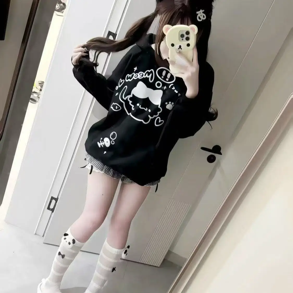 

Japan Hooded Cute Otaku Cute Kitten Ears Hooded Light Gray Velvet Thickened Long-Sleeved Sweatshirt For Women Thickened