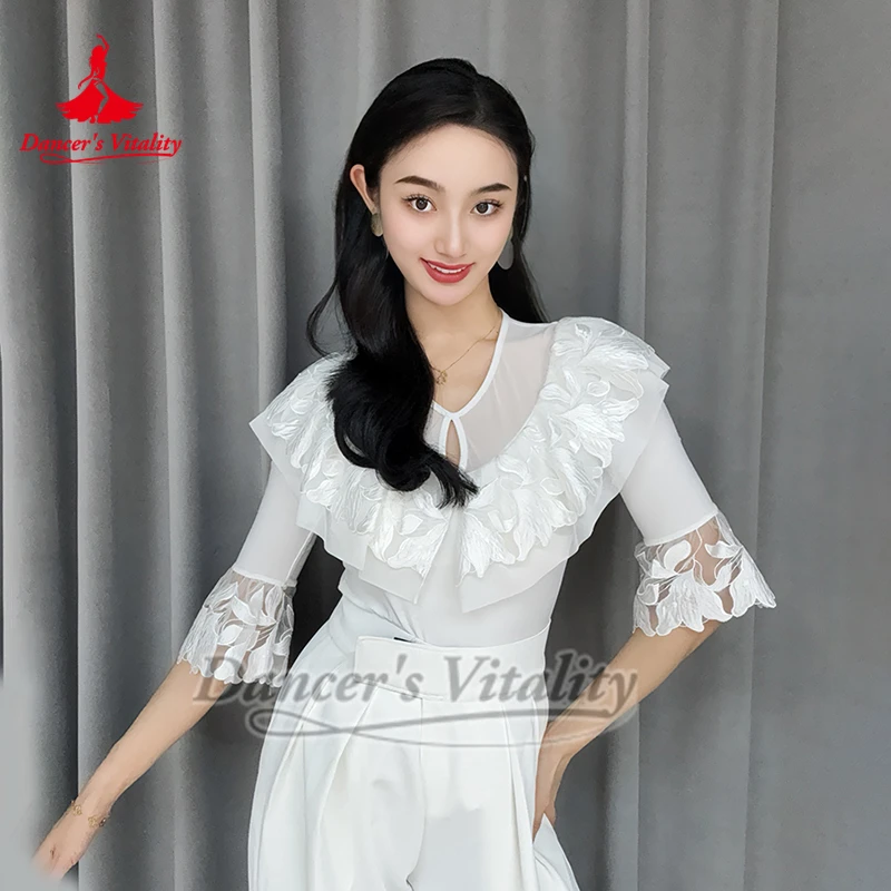 Top da allenamento a mezze maniche con ricamo standard per sala da ballo, valzer latino per adulti, tango, rumba, pratica professionale, tuta da ballo