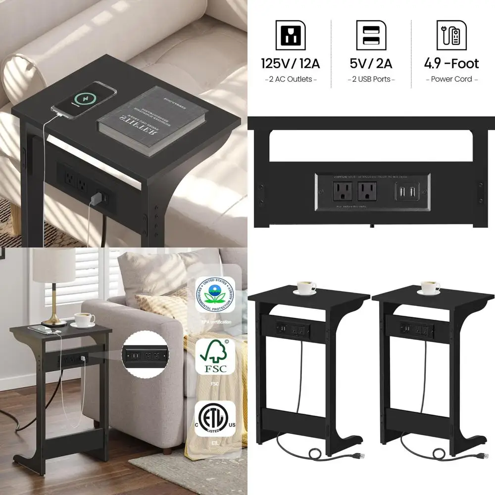 

Set of 2 C-Shaped End Tables with Charging Station, USB Ports and Outlets, Ideal for Couch, TV Tray, Living and Bedroom Spaces