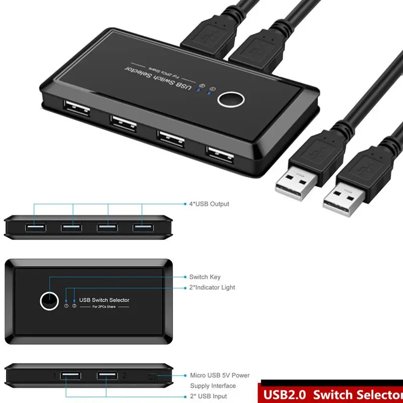 USB 4-Port Switch Shared Two in Four Out Splitter USB 2.0/3.0 Scanner Printer Shared Switch