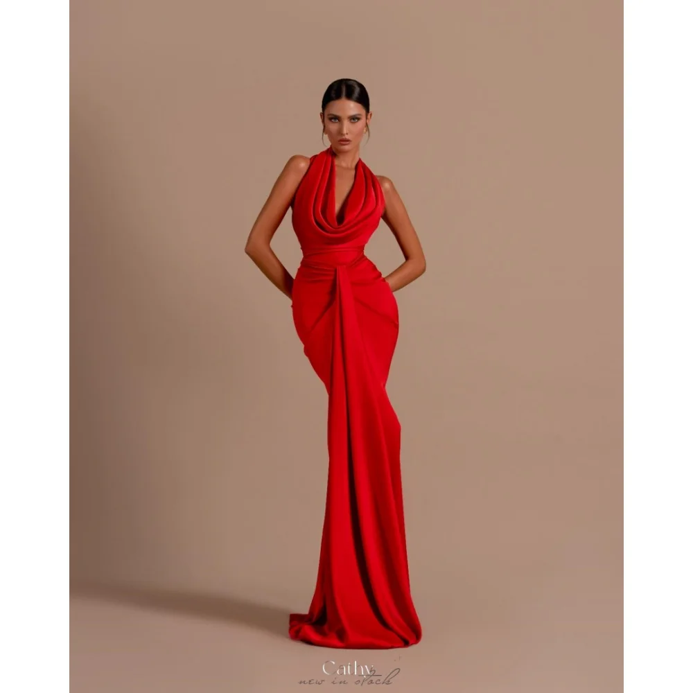 

Cathy Red Halter Neck Backless Русалка Свадебные платья Атласные платья de noche Длина до пола для выпускного вечера по индивидуальному заказу Формальный вечер 2024