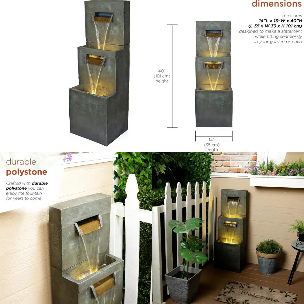 

Современный двухуровневый напольный фонтан Alpine Corporation из полистоун со светодиодной подсветкой теплого белого цвета, высота 40, серый