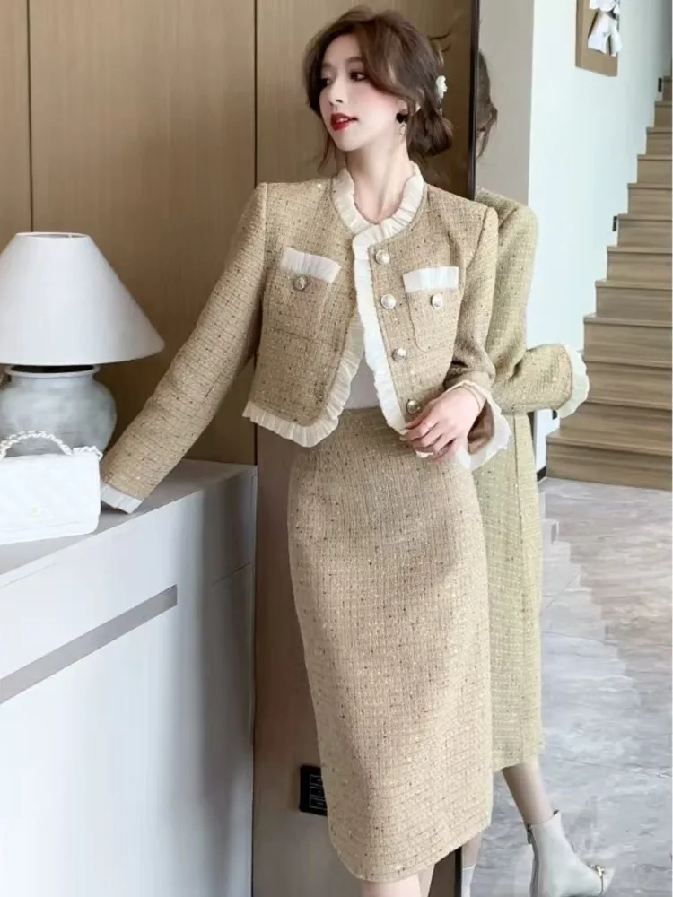 Autumn Winter Vintage Lady Two Pieces Skirt Suits Long Sleeve Patchwork Blazer Jacket and High Waist Straight Skirts Elegant