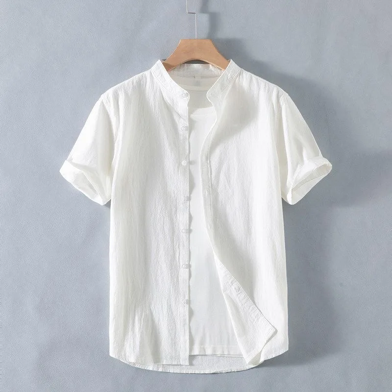 

Summer Thin Cotton Linen Short Sleeve Shirt Men's Stand Collar Trendy Brand Casual Versatile Lightweight Breathable Shirt Men