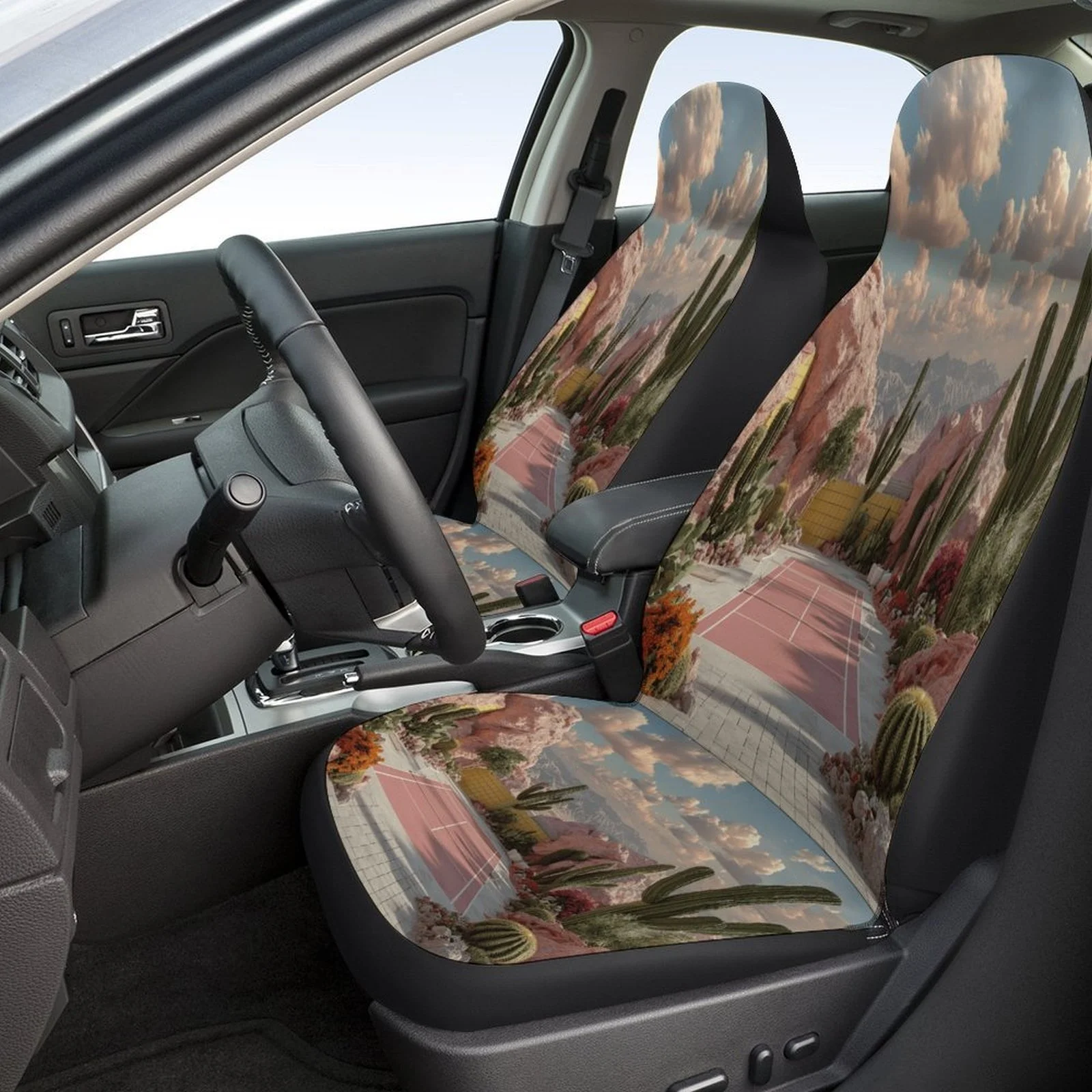 Car Seat Cover Set Featuring A Desert Tennis Court Design, Suitable For A Variety Of Vehicles. This High-Quality, Comfortable Se