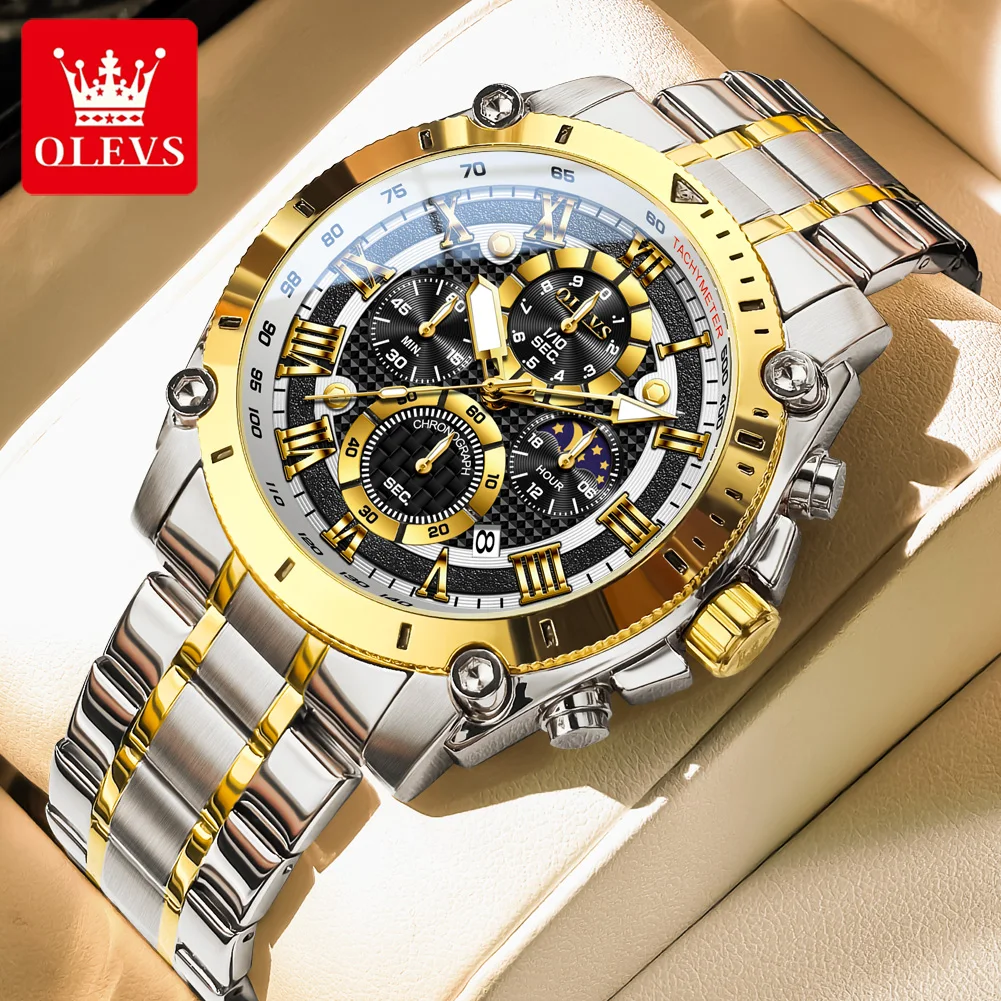 OLEVS Men's Watches Sport Fashion Multi-functional Fine Steel Chronograph Original Quartz Wristwatch Waterproof Moon Phase Date