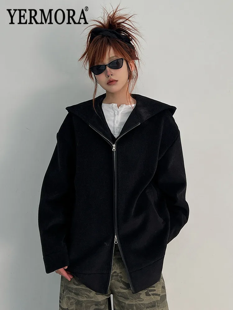 

YERMORA черная повседневная толстовка с карманом на молнии для женщин, свободная новая толстовка с длинными рукавами, модная осень-зима 2025