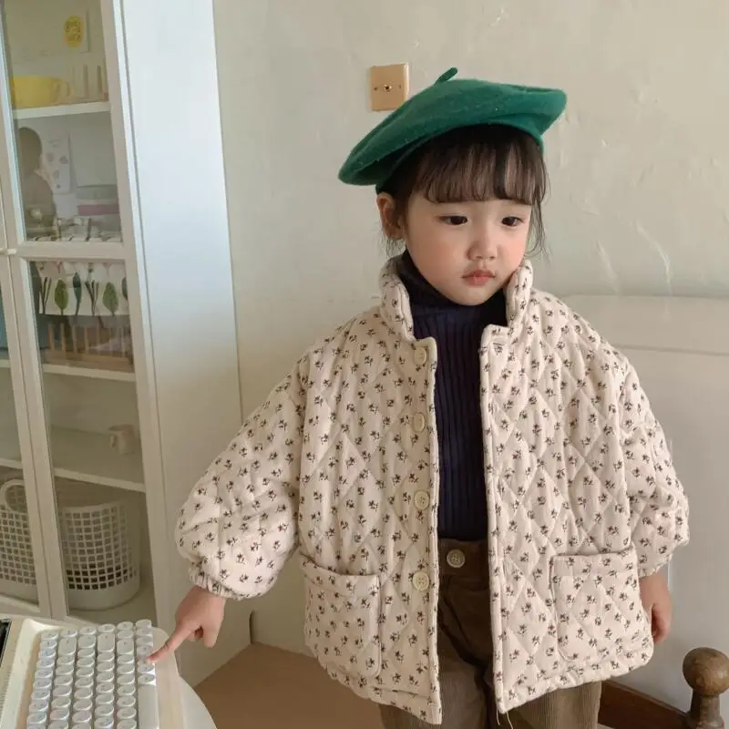 Children's Quilted Jacket Girls Autumn Winter Coat Parka Flower Printed Kids Casual Warm Cotton Outerwear Coats Thickened Cute