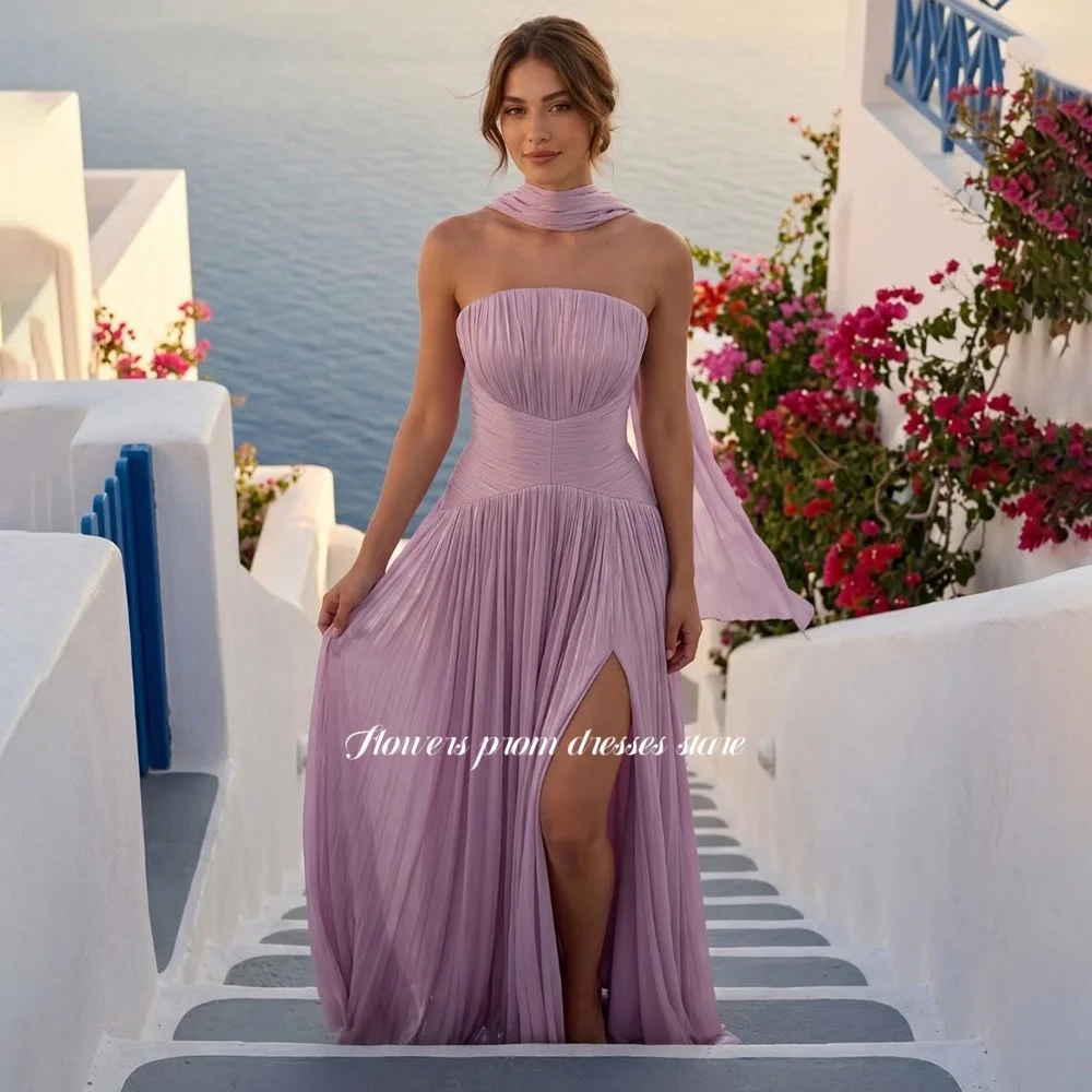 

Flowers A Line Party Dress with Pleats Evening Dresses with Scarf Strapless Formal Occasion Dress Robe De Soirée Customized