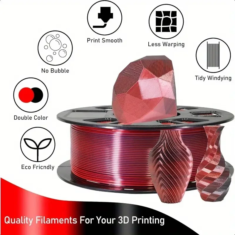 Silk Dual Color PLA Filament 1.75mm +/- 0.02mm Bicolor Two Tone 250g Black Red for 3D Printer