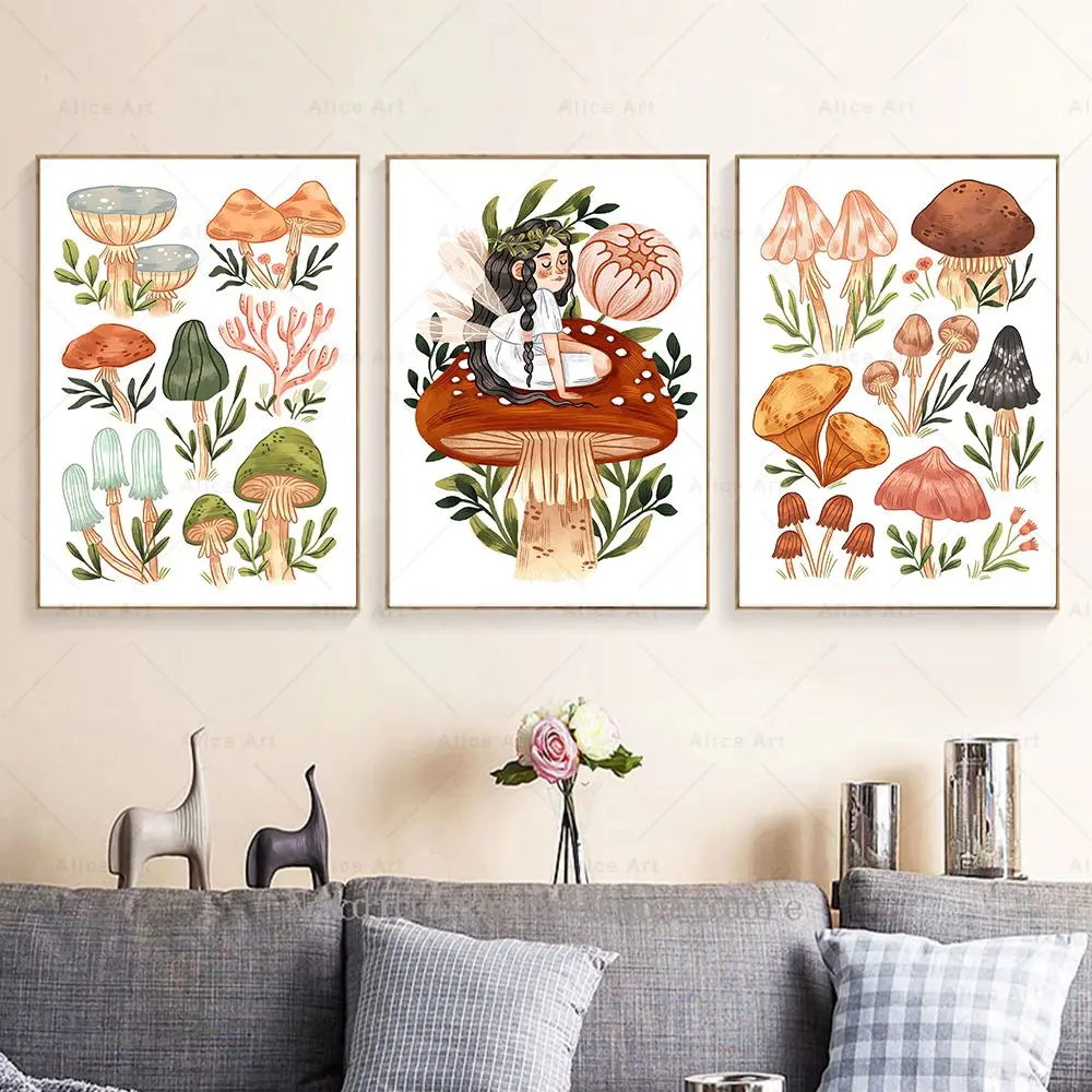 Vintage Mushroom Girl Poster Botanical Art Education Wall Art Canvas Painting Cartoon Fungi Picture Prints Kids Room Home Decor