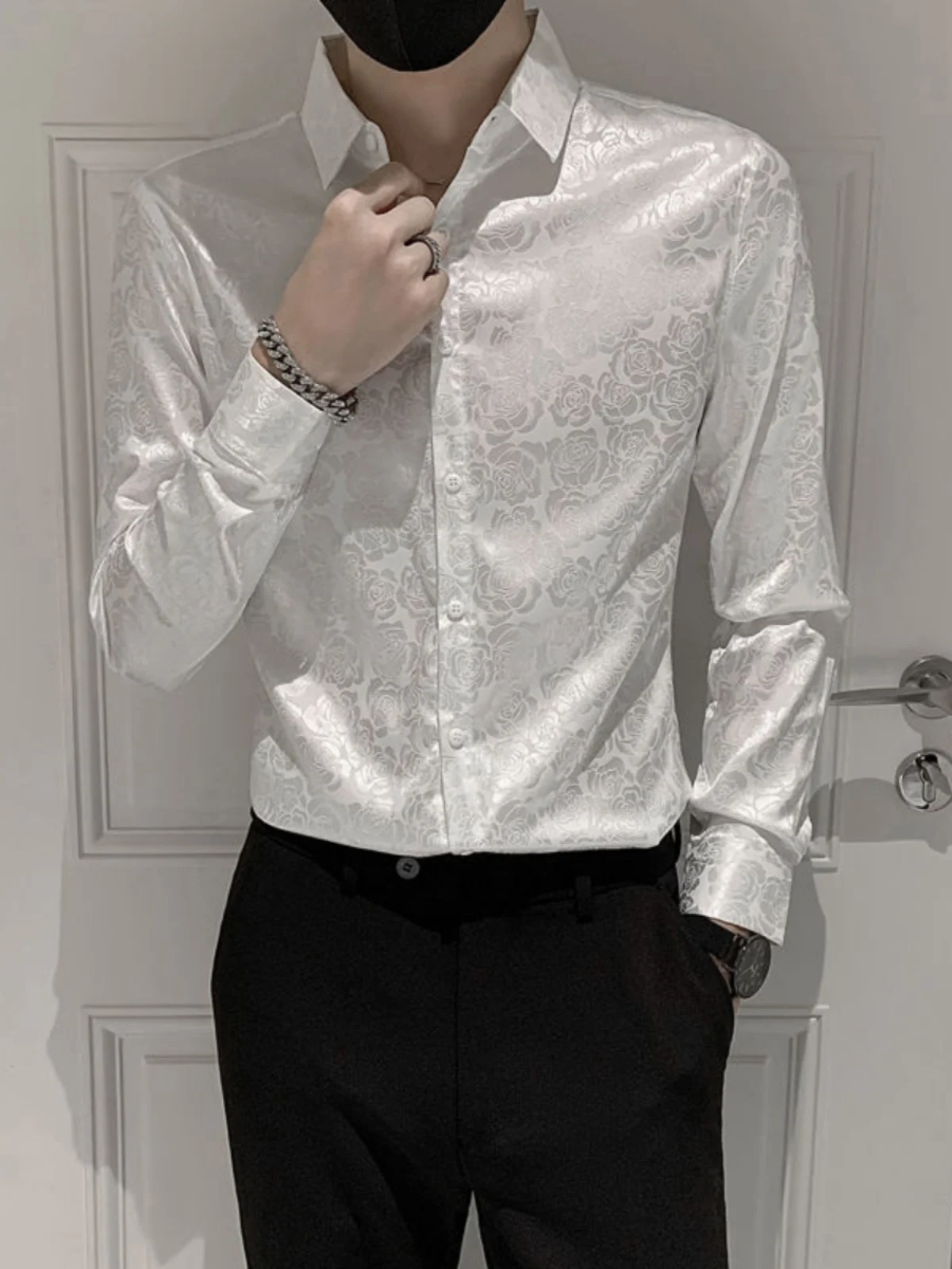 

Весенне-осенний ледяной шелк Slim Fit Long Sve, мужские волосы irt с цветочным узором, молодежный тренд, подставка подходит для китайского бренда