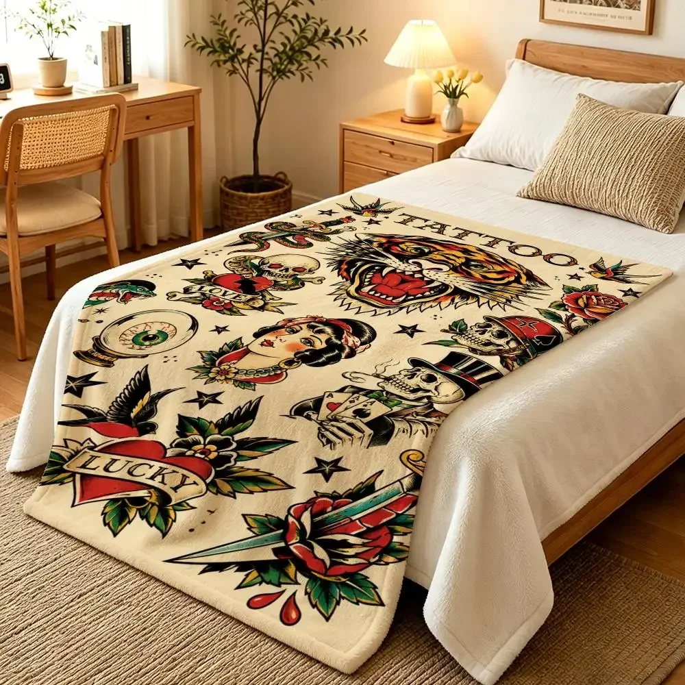 Gothic Tattoo Art Throw Blanket Bohemian Witchy Style Halloween Lovers Gift Cozy Throw