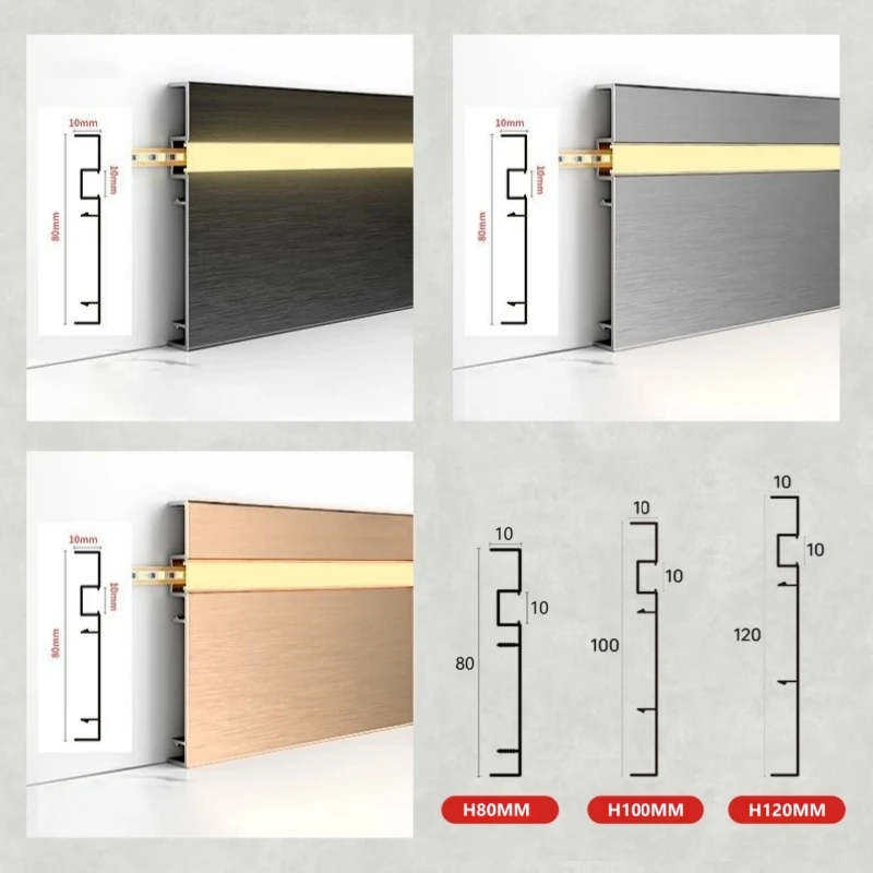 H80mm LED Skirting Line 0.5m 1m Brushed LED Aluminium Profile Floor Baseboard Bar Strip Light Metal Wall Skirting Linear Lamp