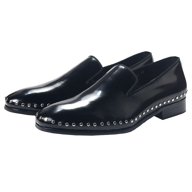Black Glossy Patent Leather Slip‑On Loafers Silver Metal Stud Rivet Trim Men Round Toe Low Heel Punk Party Fashion Dress Shoes