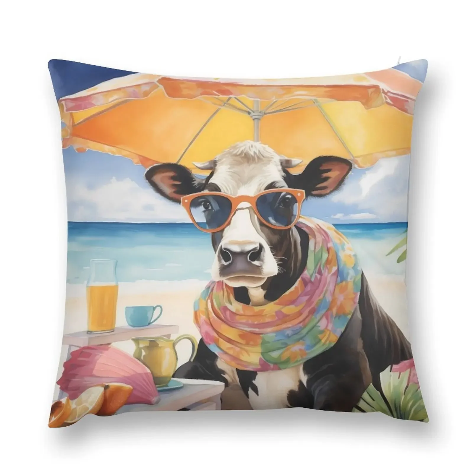 Beach Vacation Cow with Sunglasses - Whimsical Summer Holiday Illustration Throw Pillow Sofa Decorative Covers pillow