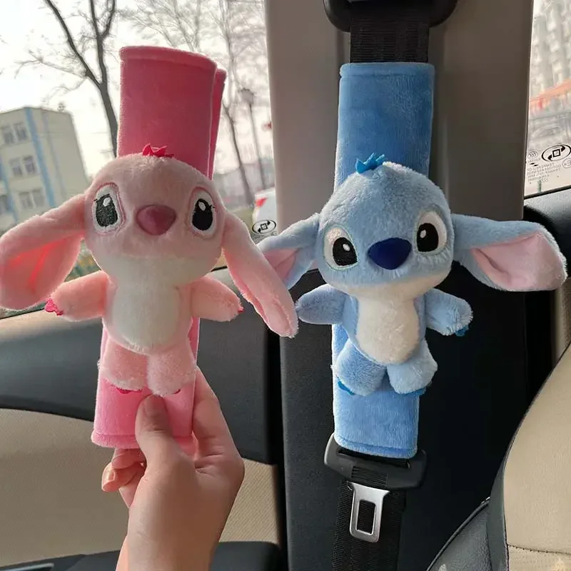 Stitch Angel Disney Kawaii Car Seat Belt Plush Shoulder Cover Cute Cartoon Picture Car Children's Interior Safety Belt Cover