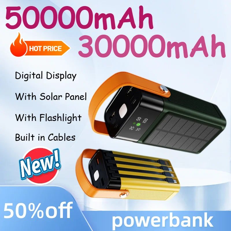 50000mAh 30000mAh Solar PowerBank Portable Fast Charging Power Bank External Battery for iPhone Samsung Huawei Large Capacity