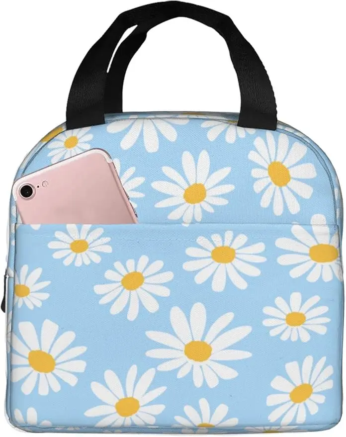 Pretty Floral Daisy Light Blue Lunch Bag Insulated Lunch Box Reusable Lunchbox Waterproof Portable Lunch Tote for Women Girls