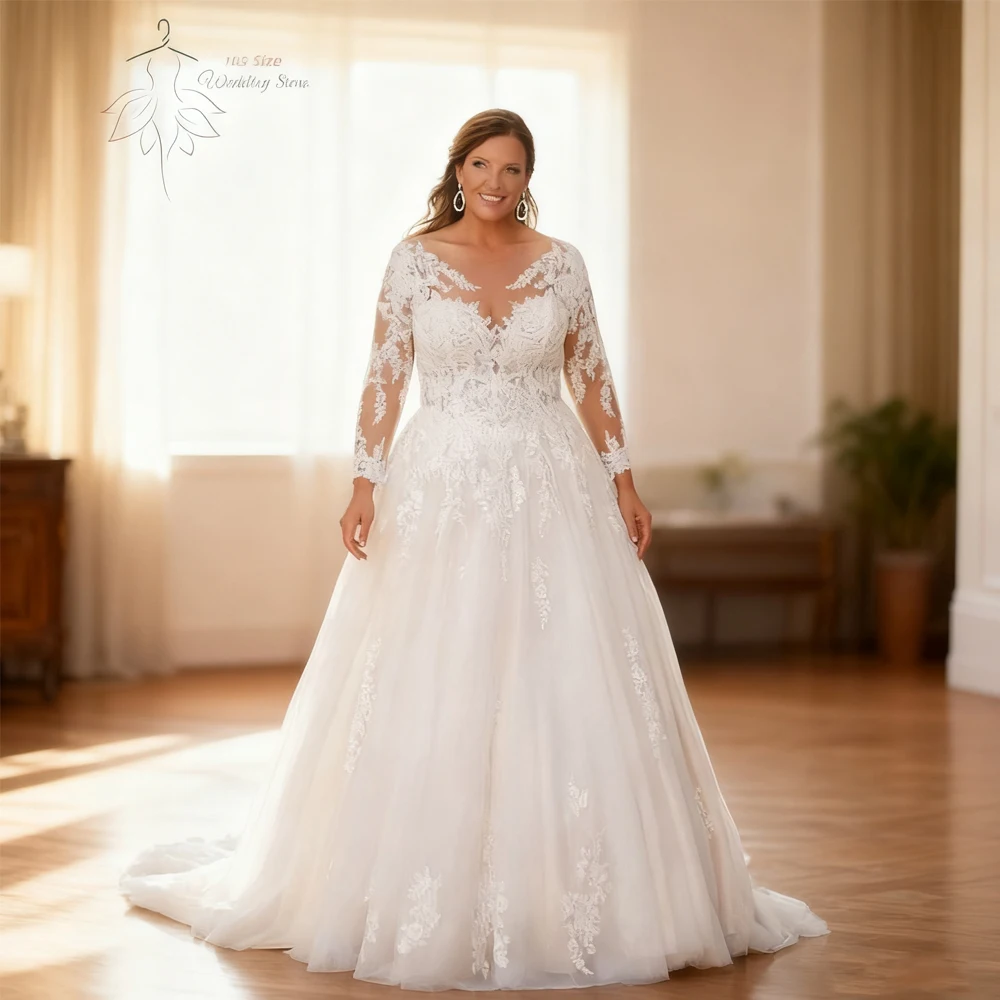 

Exquisite A-Line Wedding Dresses Plus Size O Neck Long Sleeves Bride Gowns Appliques Floor Length Tulle Vestido De Noiva 2025