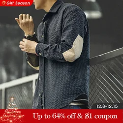 Maden Retro Seersucker Plaid Long-sleeved Shirt Textured Lapel Splicing Single-Breasted Design Shirt for Men's Autumn