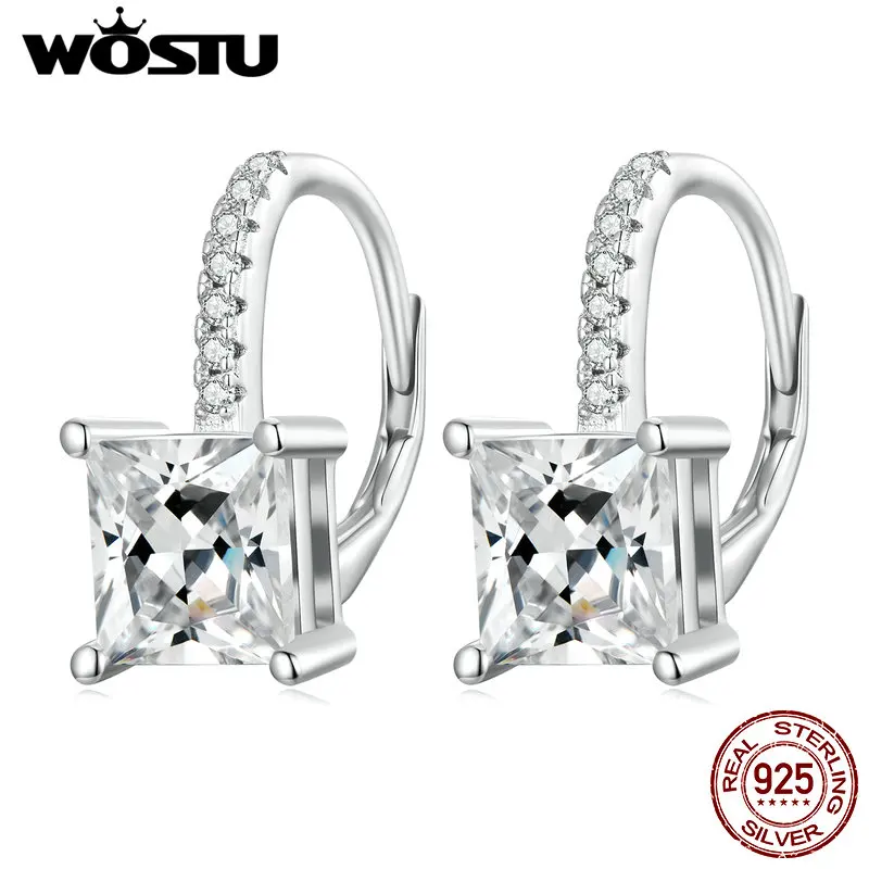 WOSTU 925 Sterling Silver Classical Square Cut Cubic Zirconia Wedding Hoop Earrings For Women AAA Clear CZ  Dangle Hook Earring