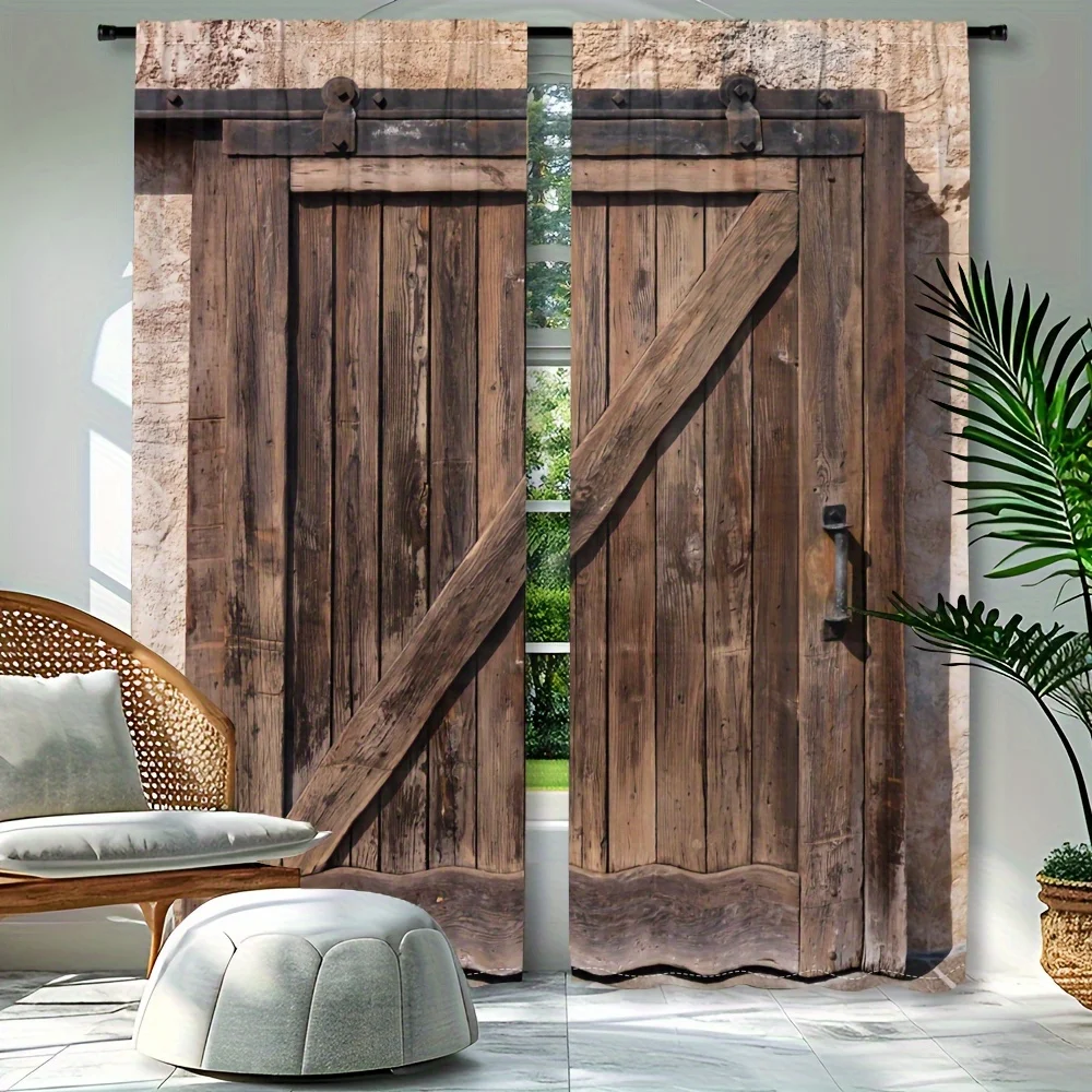 2 pieces of Retro wooden door frame printed curtains, pole bag curtains 42*84, home decoration, room decoration
